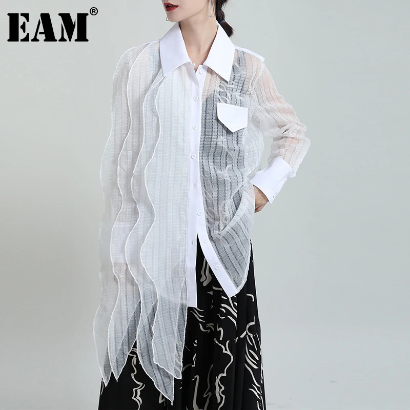 

[EAM] Женская блузка в полоску с оборками, большие размеры, новинка, рубашка свободного кроя с длинными рукавами и лацканами, модная весенне-ле...