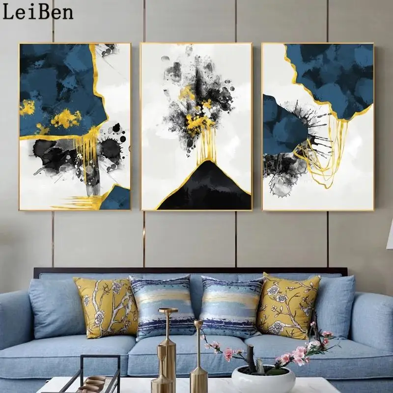 

Gold Blue Ink Modern Abstract Poster Luxury Wall Art Print Canvas Painting Contemporary Pictures Home Living Room Decoration