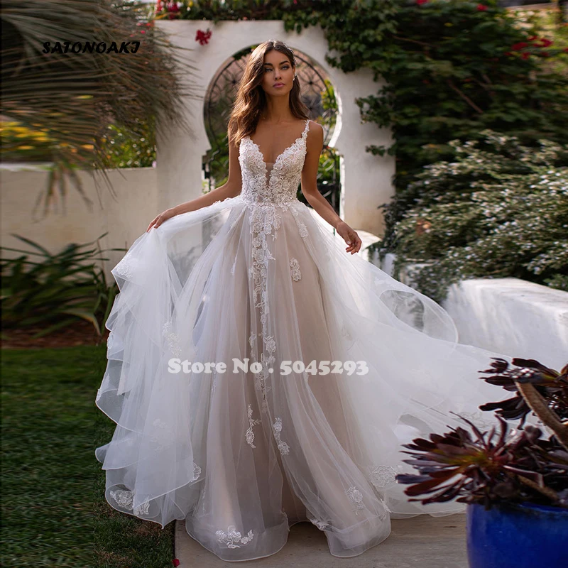 

Charming White Wedding Dresses Organza Illusion Lace Appliques V-Neck Sleeveless Backless A-Line Bridal Gown Robe De Mariée 2021