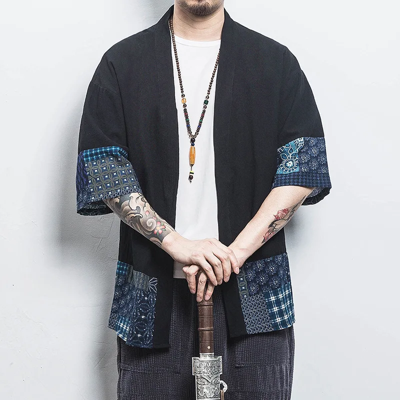 رجل كم قميص كيمونو سترة التقليدية hanhanfu قميص surplics معطف اليابانية يوكاتا سترة بدون أزرار