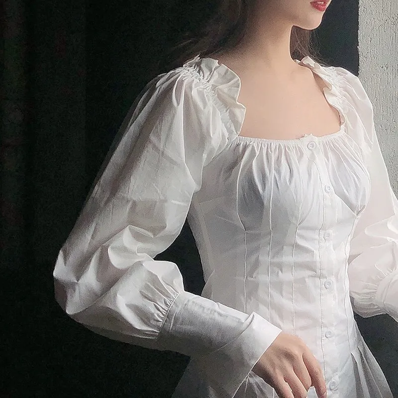 

White Long Sleeve Shirt Dress Female Square Neck White Mini Dress Women Sexy Short Chic Dresses Ruffle Autumn 2021 Vestidos