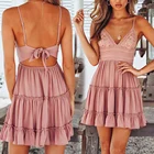 Платье женское на бретелях с бантом, пикантное пляжное кружевное в стиле пэчворк, с V-образным вырезом, без рукавов, с открытой спиной, лето 2019