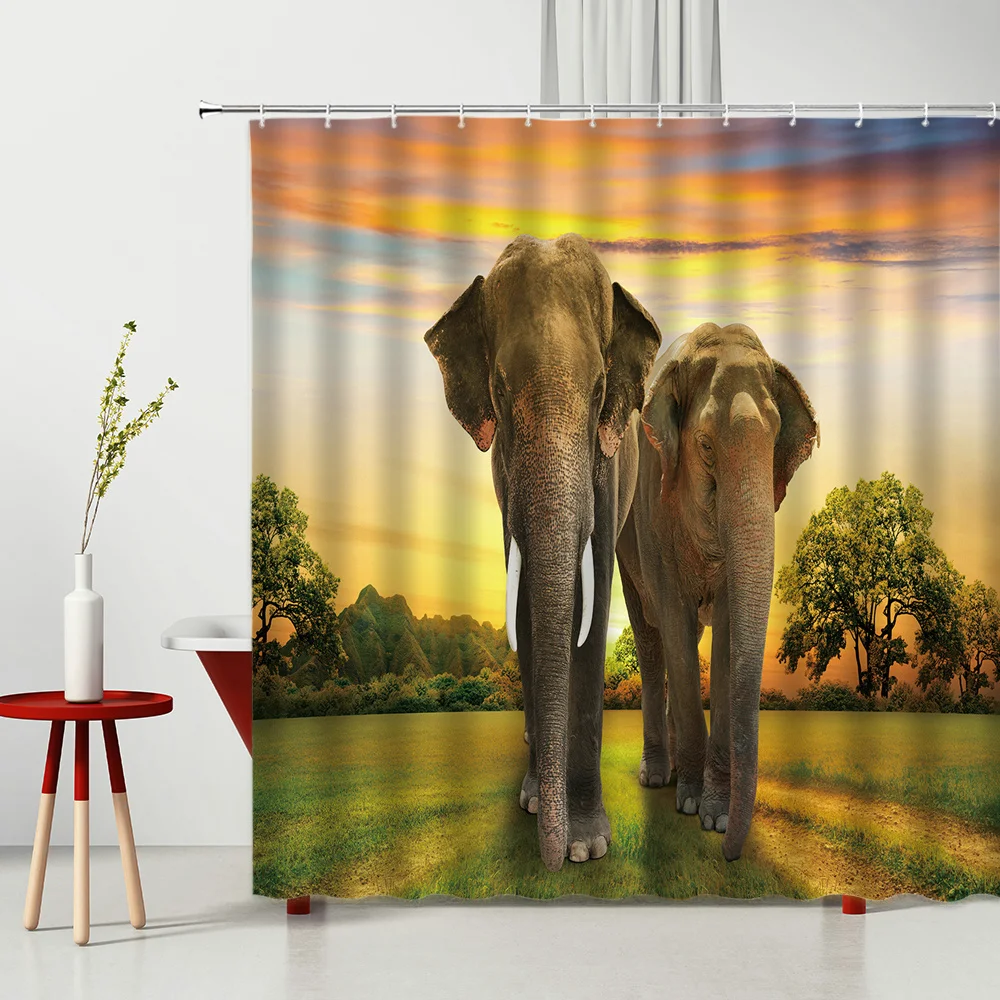 

Africa Prairie Animal Shower Curtains Elephant Bathtub Decoration Bathroom Screen Multiple Size Hanging Curtain With Hooks