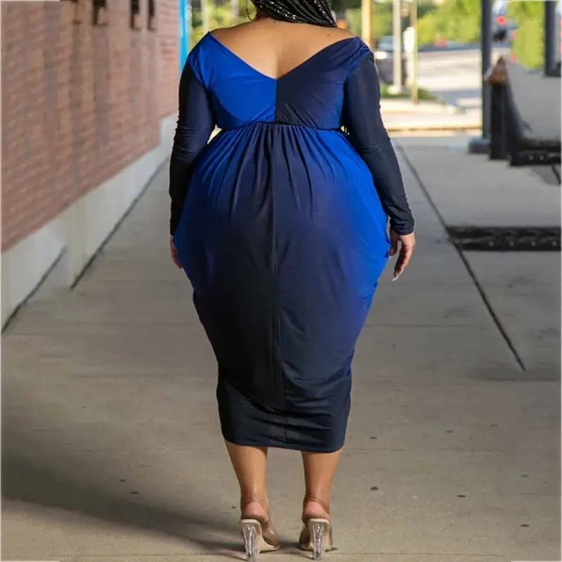 3XL 4XL 5XL размера плюс градиентные Синие сексуальные вечерние женские платья с большой высокой талией женские вечерние платья с длинным рукавом