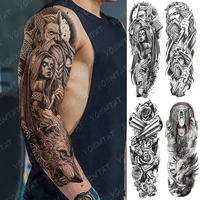 large arm sleeve tattoo bear skull waterproof temporary tatto sticker god zeus poseidon body art full fake tatoo women men