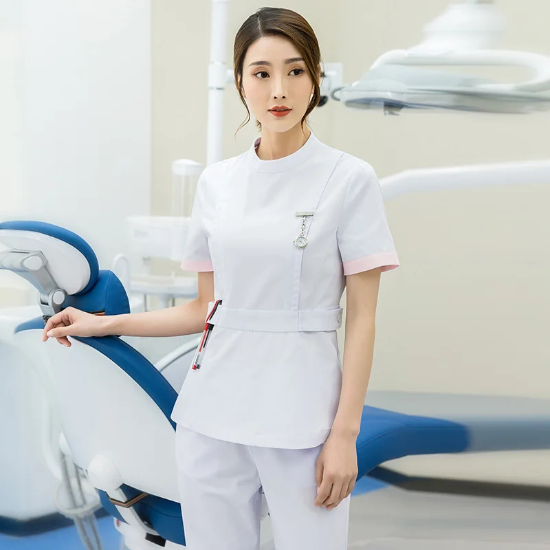 

NEW Style Women Scrub Set Short Sleeve Beautician Scrubs Set Spa Uniforms Fashion Round Neck Health Workers Scrub Top and Pants