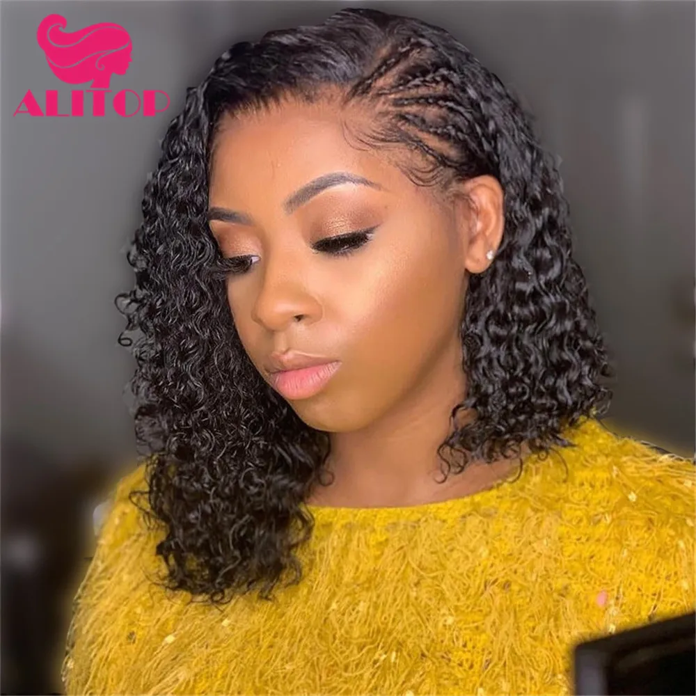 ALITOP 13x4 Jerry Curly Lace Front Human Hair Wigs With Baby Indian Remy Short Bob Pre-Plucked Hairline Wig | Шиньоны и парики