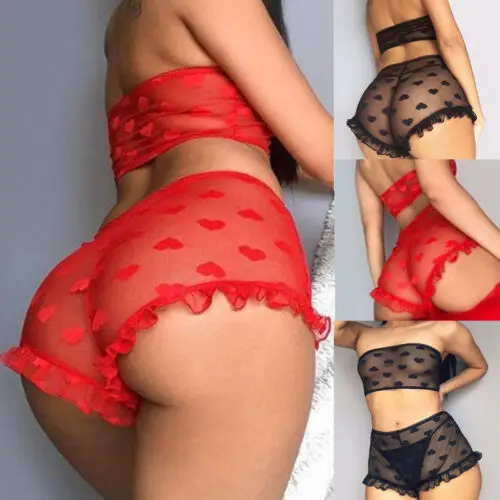 

New Erotic Women's Lace Tulle Lingerie Sets Heart Print Ruffles Exotic Sets Sleepwear Babydoll Lady Erotic Nightwear Underwear