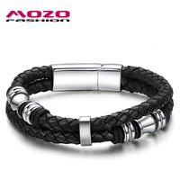hot brand jewelry mens bracelets black leather rope chain stainless steel magnetic buckle bangles