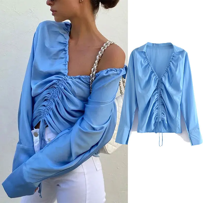 

Женская Осенняя модная плиссированная короткая голубая рубашка PPYQYKX Za 2021 с кулиской, женский сексуальный Повседневный Топ с V-образным выре...