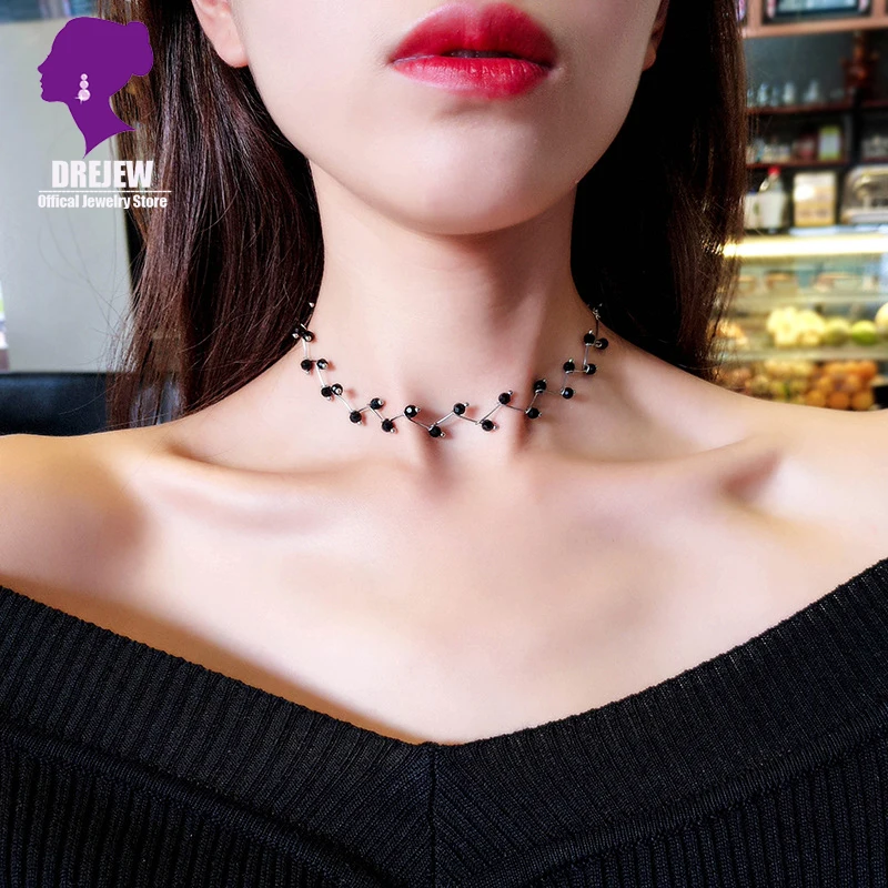 DREJEW Korean Short Pearl Crystal Statement Choker Necklaces Silver Gold Black Necklace for Women Friend Collares boho Jewelry