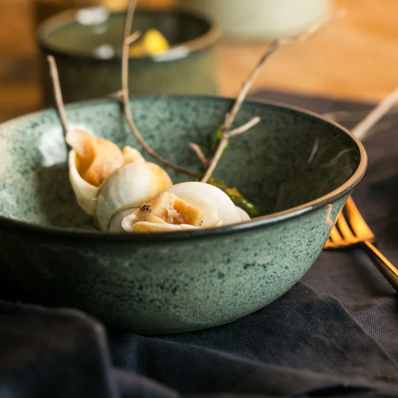 Креативная керамическая миска для супа кухонная посуда темно зеленая Салатница