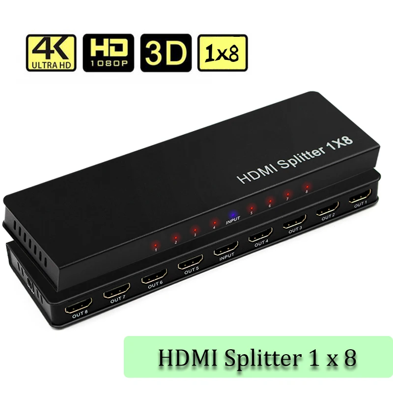 4K HDMI Splitter 1x8 1 In 8 Out Audio Switcher Audio 3D 1X8 HDMI Video Splitter HDCP 1080P 8 Ports Converter HDTV PC DVD Player