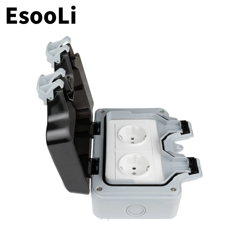 Esooli IP66 Weatherproof Waterproof Outdoor Wall Power Socket 16A Double EU Standard Electrical Outlet Grounded AC 110~250V |