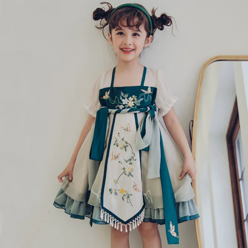 

Chinese Style Dress For Girls Short Sleeve Floral Embroidery Gowns Knee Length Gowns Kids Children Daily Casual Dresses Clothes