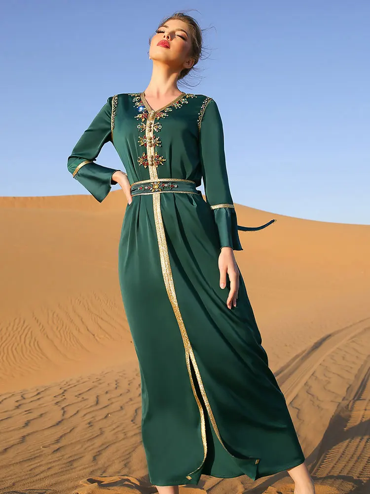 "Стразы кафтан для женщин, марокканвечерние, кафтан с воланом на рукавах и поясом, атласное длинное платье, мусульманская Дубай, абайя, свадь..."