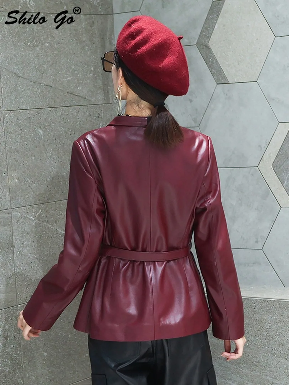 

Elegant V Neck Buckle Belted Asymmetry Blazer Women Winter Office Ladies Work Wear Genuine Leather Coat Sheepskin Outwear Female