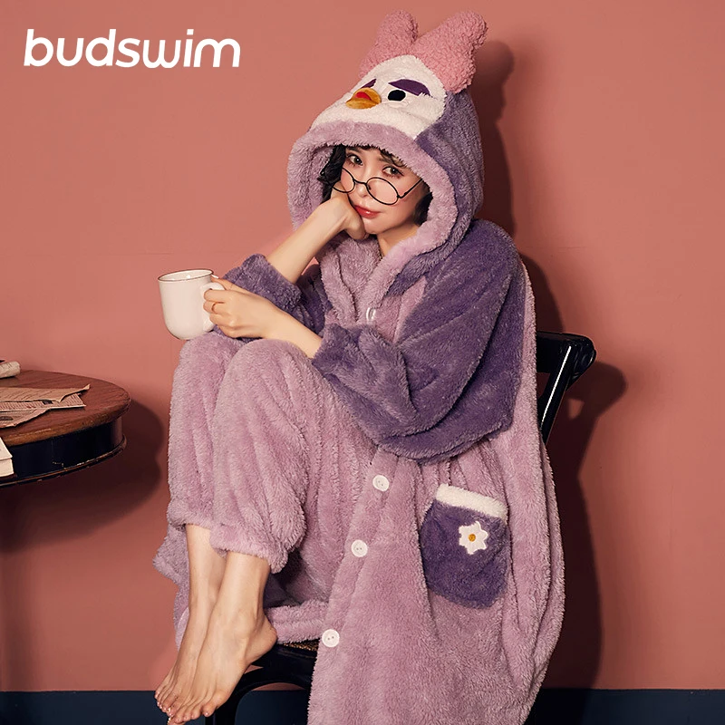 Зимняя Пижама для женщин одежда сна длинный халат комплект утолщенная