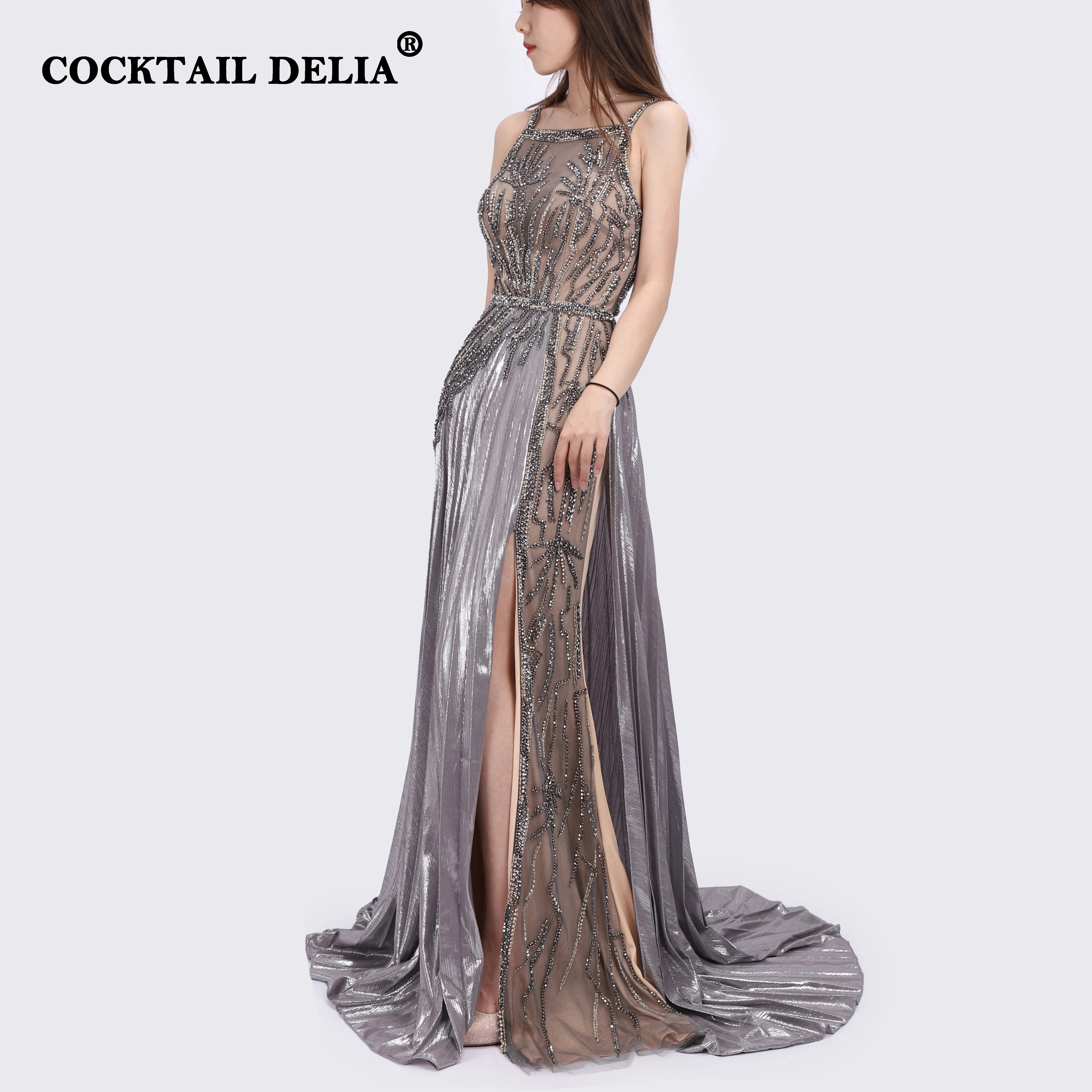 

Grey Beading A-Line Evening Dress Long Luxury 2021 Dubai Elegant Ceremony Party Dresses Woman For Weddings Crystal Sleeveless