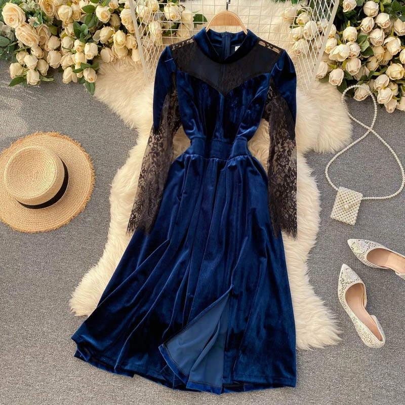

Women Velvet Dress High Neck Long Sleeve See Through A Line Dress Spring Solid Casual Elegant Hollow Out Dress DZA429