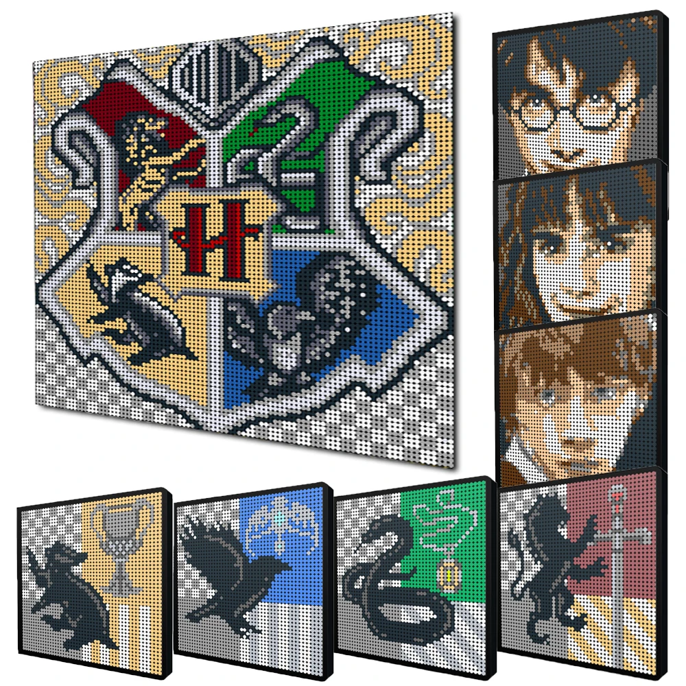 

9216PCS Magic School 4 in 1 Pixel Art Mosaic Painting Building Blocks Movie Figures Pottered Faculty Badge DIY Bricks Wall Decor