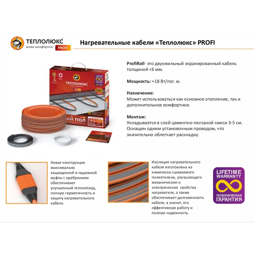 Кабель нагревательный для теплого пола &quotТеплолюкс&quot ProfiRoll 42 0 м/675 Вт Площадь