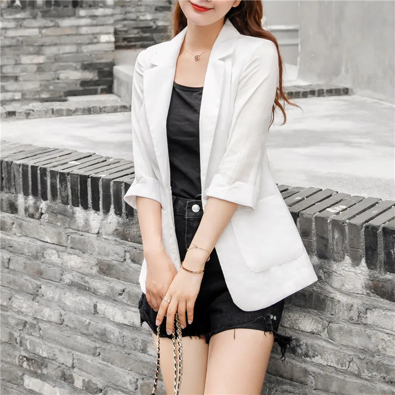 

Women Small Suit Slim Fit Casual Work Office Business Blazers Women Fashion 3/4 Sleeve Summer Jacket Linen Cotton Blazers White