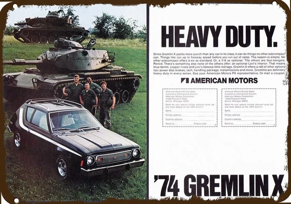 

1974 Amc Gremlin X Car Vintage Look Replica Metal Sign Heavy Duty Army Tank