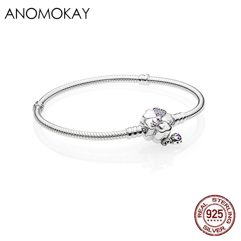 Flower Bracelet Anomookay Новинка 925 пробы Серебряный Фиолетовый Хрустальный цветок женский браслет базовый браслет серебряные ювелирные изделия - Окраска металла: Flower Bracelet