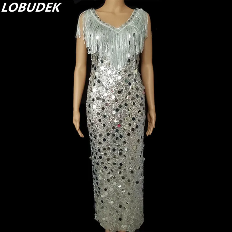 

Sparkly Silver Sequins Tassel Slit Long Dress Female Singer Bar Concert Stage Sequined Dress Prom Birthday Celebrate Outfit New