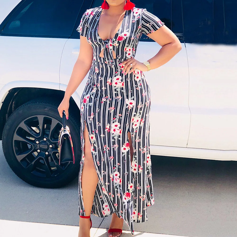 African Floral Print Sexy Long Dress Women Elegant Party Vintage Robe Gray Stripe Dinner Maxi Dresses Trips Casual Vestidos | Свадьбы и