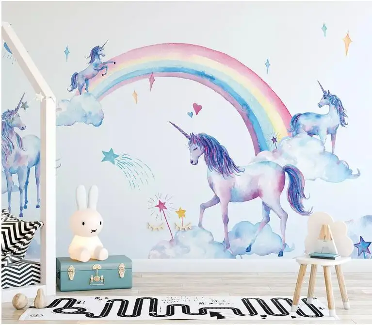 CJSIR Customize Wallpaper Mural Fresh Watercolor Hand Painted Tianma Rainbow Unicorn Children Background Wall 3d Decor | Обустройство