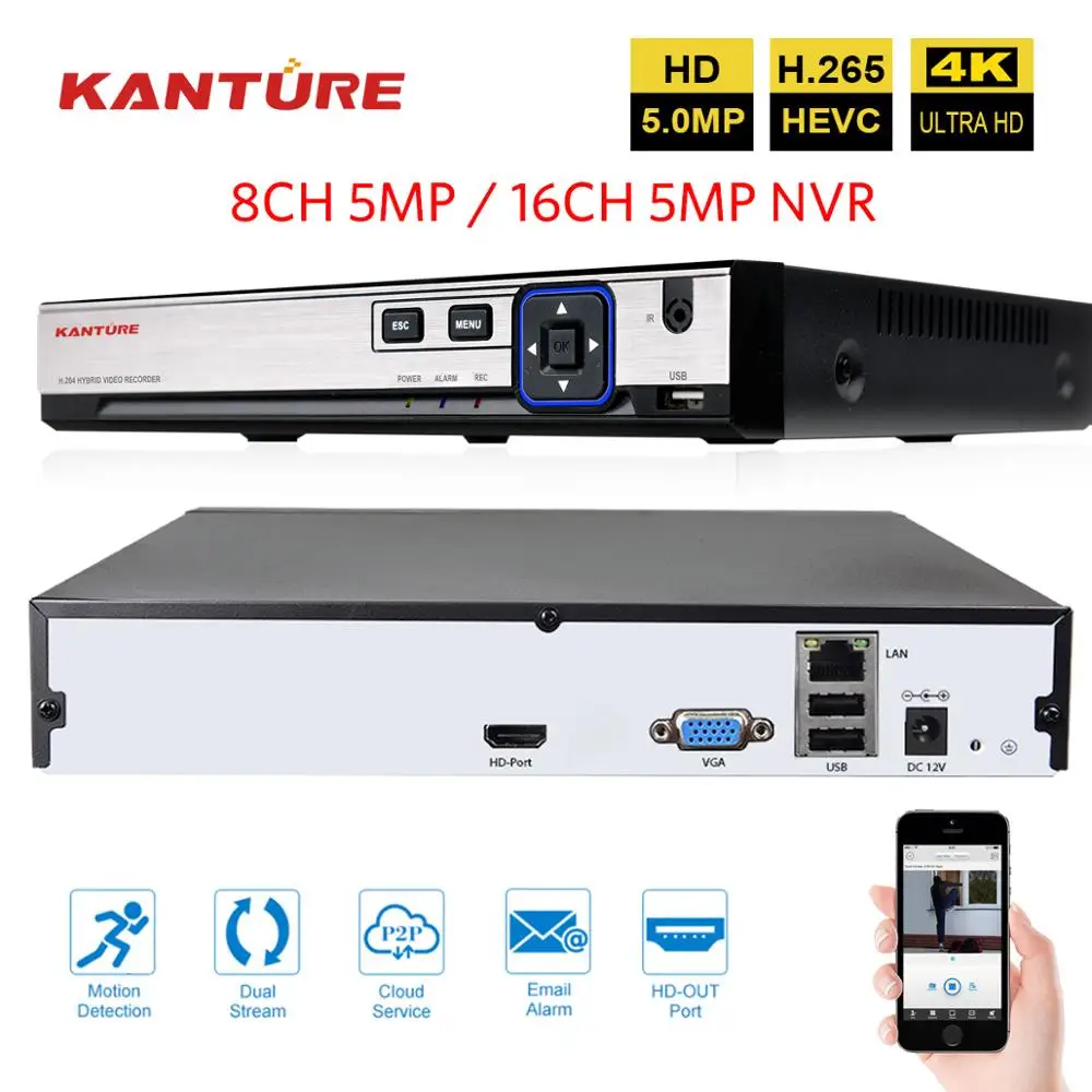 Сетевой видеорегистратор KANTURE H.265 + 16 каналов 5 МП разрешение 2592*1944 сетевой для