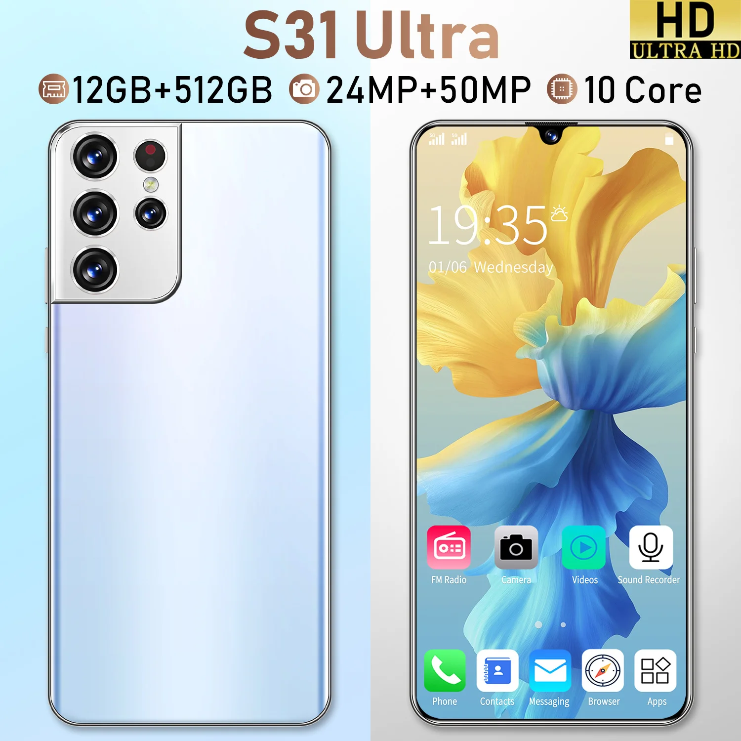 

S31 Ultra Smartphones 6.6 Inch 12GB+512GB 4K Camera 24+50MP10-Core MTK6889 4G LTE 5G Cell Phones Face ID Unlock Dual SIM Phone