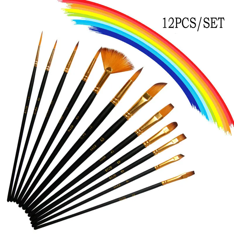 

12Pcs Set Artist Paint Brushes Art Painting Supplies Acrylic Oil Paintings Wooden Barrel and Aluminum Tube Interface Nylon Wool