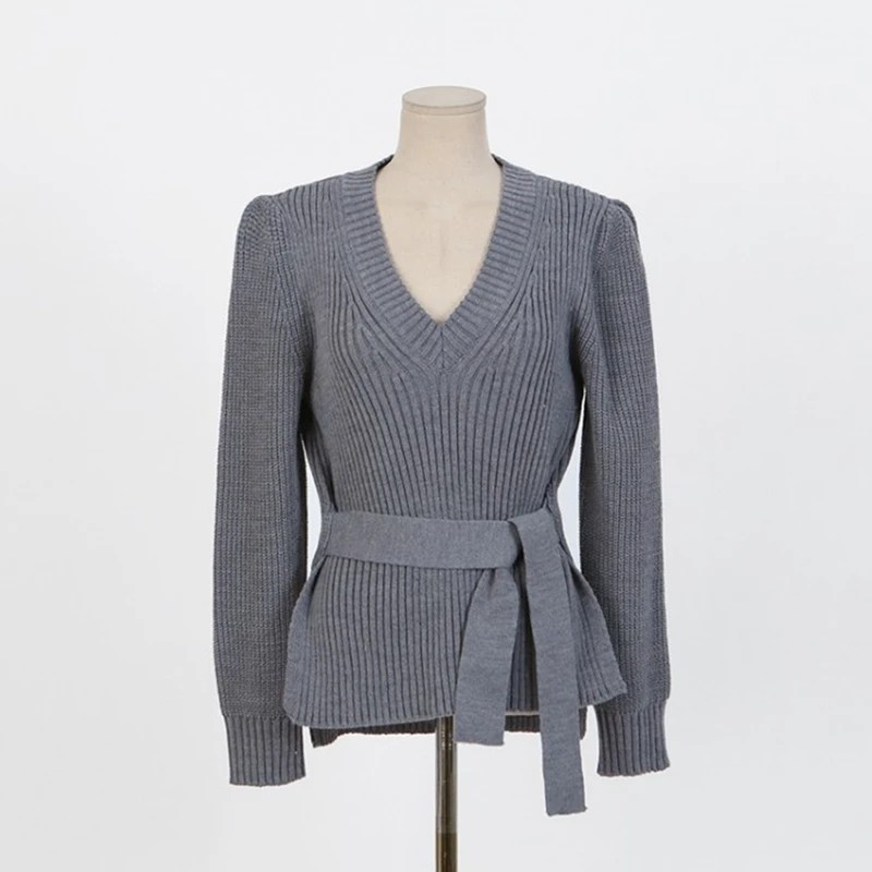 Flectit женские v-образным вырезом свитер с поясом буфами на рукавах пуловер