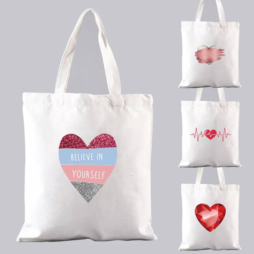 

Female Eco Shopping Bag Canvas White Tote Bag Shopper Bolsas Love Hearts Pattern Printing Series Handbags Reusable Shoulder Bag