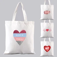 female eco shopping bag canvas white tote bag shopper bolsas love hearts pattern printing series handbags reusable shoulder bag