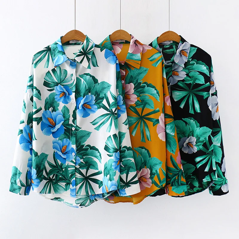 

Summer Casual Shirts Women Hawaii Holidays Turn-down Collar Printed Tops And Blouses Straight Long Sleeve Printed Spliced Shirt