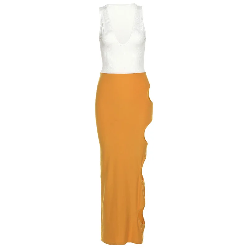 

2021 spring women's new sleeveless V-neck color matching sexy hollow hip dress