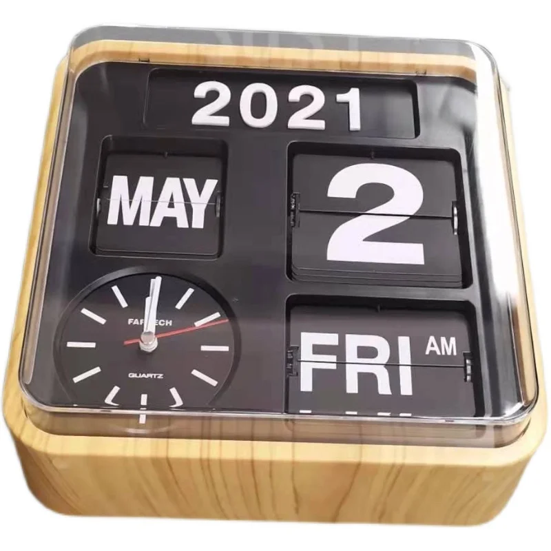 

Wooden Color Calendar Plastic Page Flip Clock Automatic Mute Living Room Modern Fashion Home Creative Wall Clock