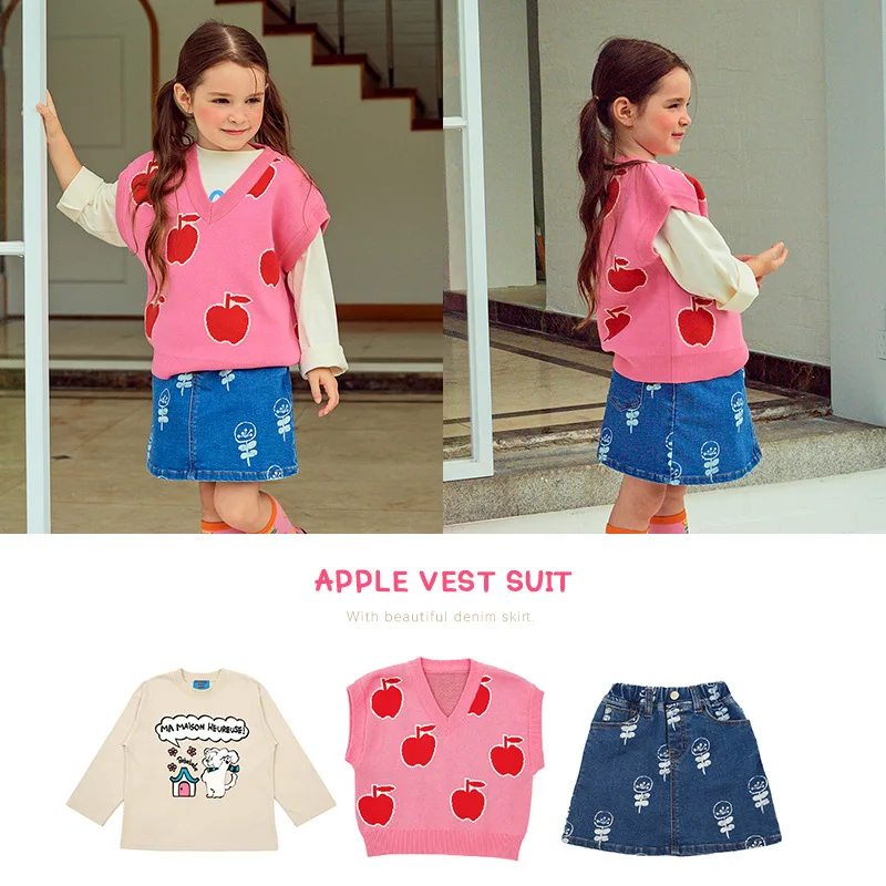 

Girls Sweater 2021 Fall New T-Shirt Children's Vest Girls Undershirt Girls Denim Skirt Children Mini Skirt Children's Clothing