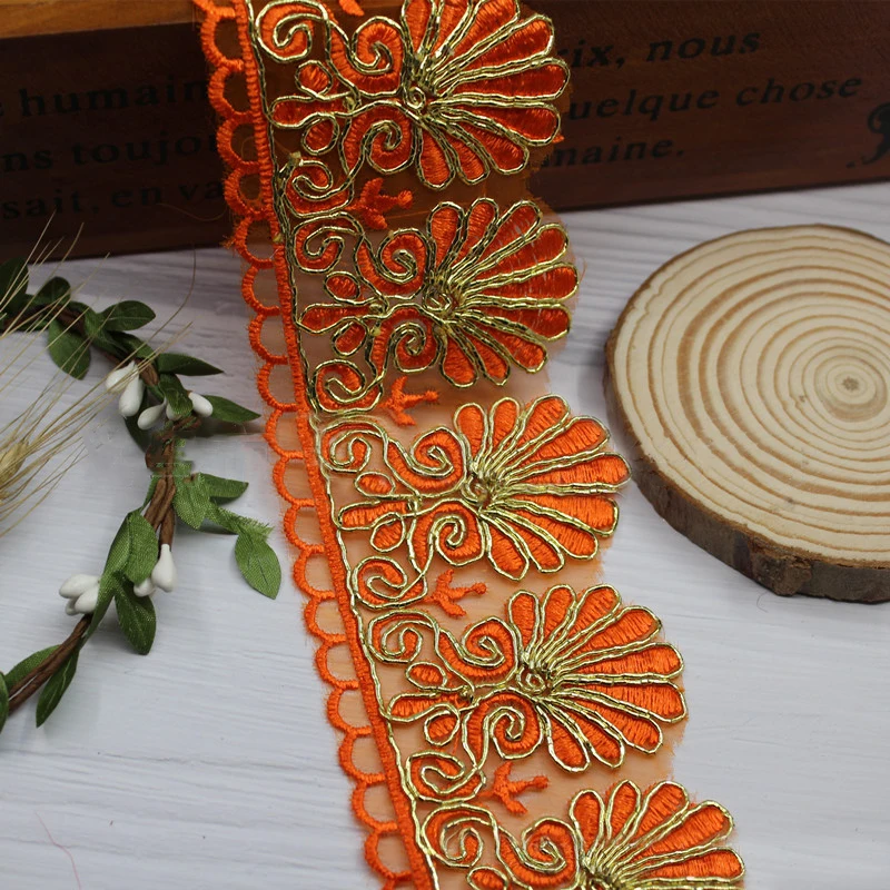 2 yards Gold Line Embroidery Flower Lace Hollow Organza Ribbon Trim DIY Craft Dress Stage Clothing Accessories Decor Fabric | Дом и сад