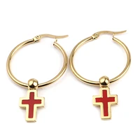 stainless steel acrylic religious hoop earrings gold color red circle ring cross 45mm x 29mm1 pair