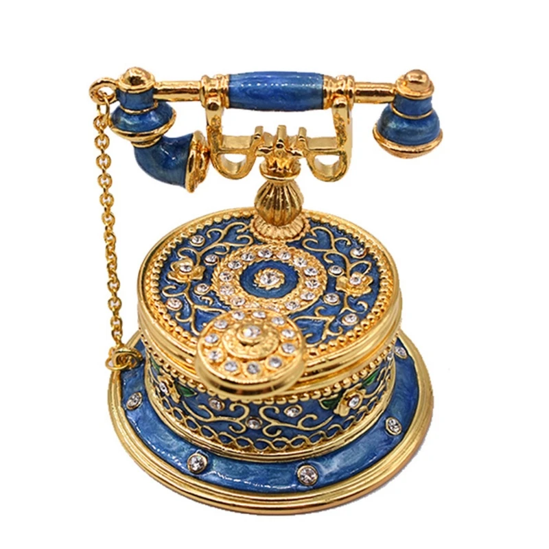 

N58F Vintage Blue Telephone Enameled Trinket Box with Hinged Decorative Collectible