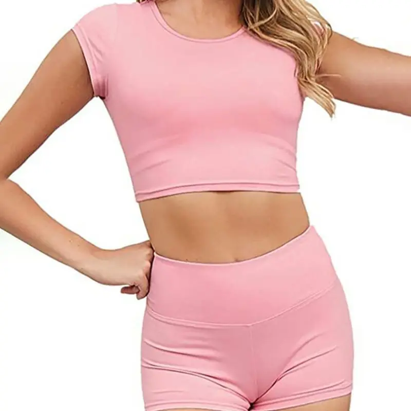 Vrouwen 2 Stuk Yoga Outfit Set O-hals Slim Fit Crop Top Hoge Taille Scrunch Butt Lift Shorts Effen Kleur Workout trainingspak Vrouwen 2 Stuk Yoga Outfit Set O-hals Slim Fit Crop Top Hoge Taille Scrunch Butt Lift Shorts Effen Kleur Workout trainingspak
