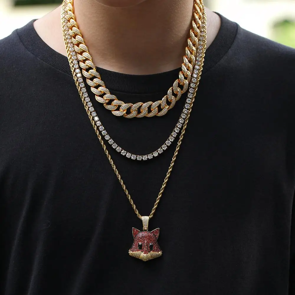 

New cartoon cute fox pendant electroplated gold silver men and women tennis necklace hip hop inlaid zircon pendant jewelry gift