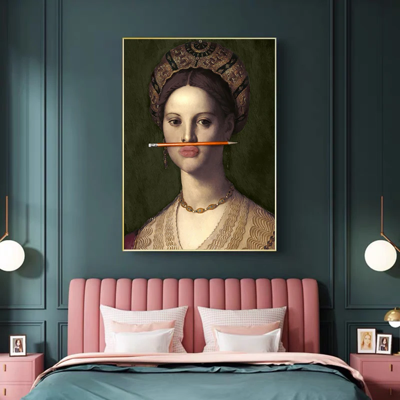 Ретро игривая девушка с карандашом рот плакаты и искусство стены картины для