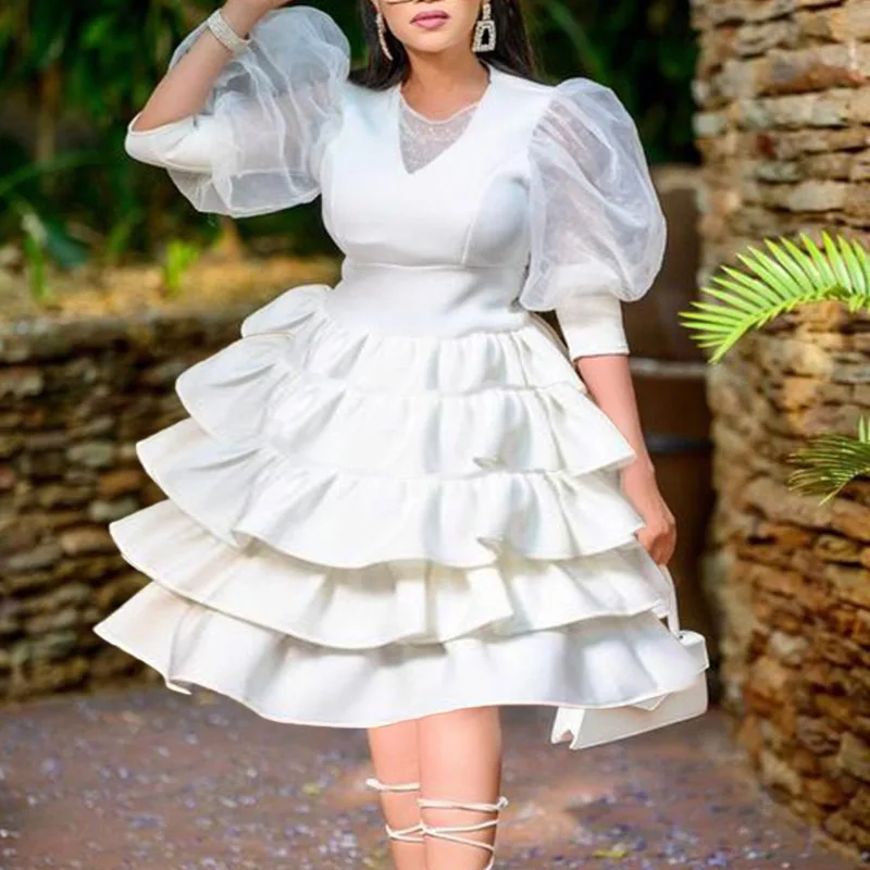 

Elegant Dinner Dresses For Women Puff Sleeve Elegant White Mini Kaftan Cake Dress Ankara Femme Bubu Gowns Fashion Africa Abbaya