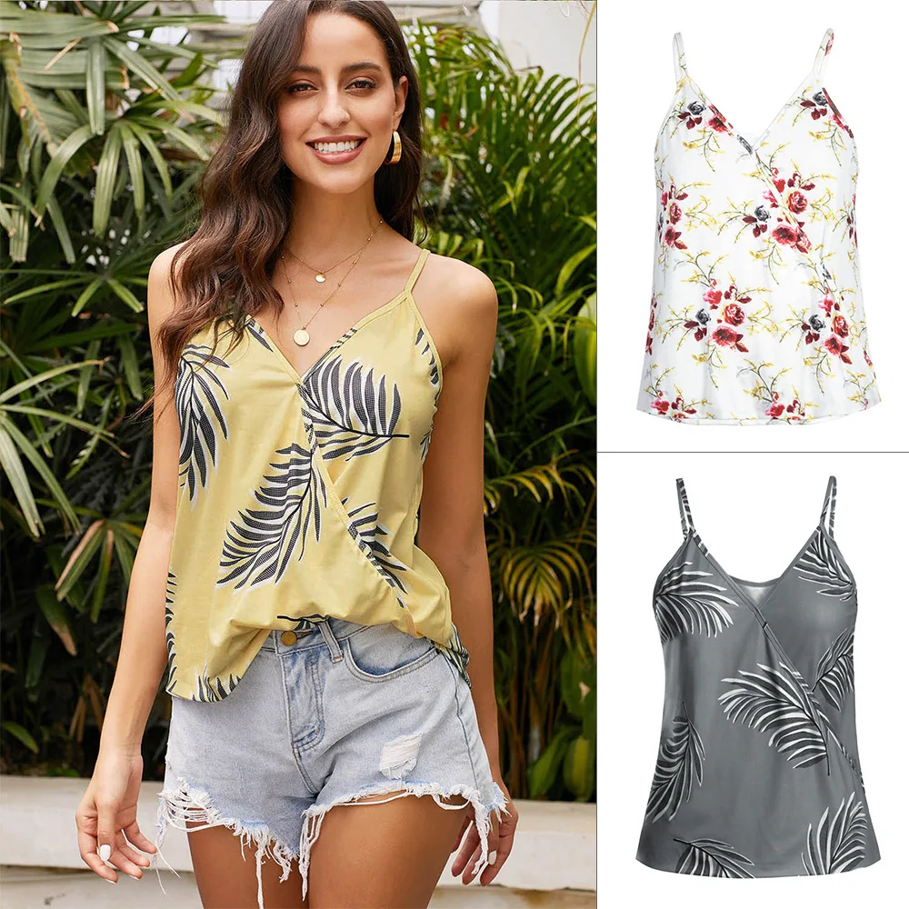 

Women Sleeveless Streetwear Halter Top Loose Casual Banana Leaf V-neck Camisole Top